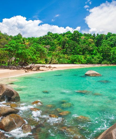 Ein verlassener Sandstrand an einer kristallklaren, türkisblauen Bucht mit großen Felsen im Wasser und einem dicht bewachsenen, grünen Dschungel.